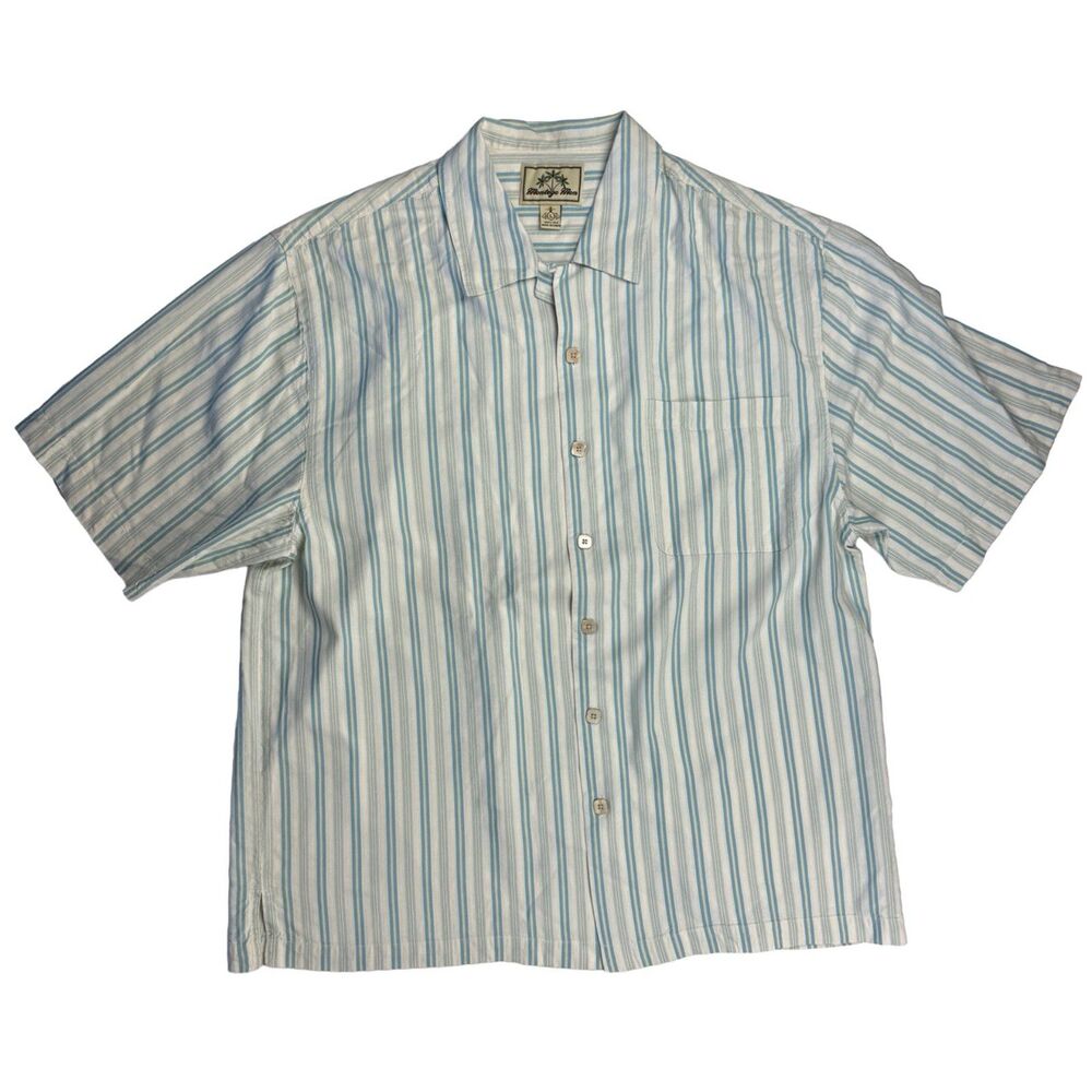 Montego Mon 100% Silk Striped Camp Shirt Blue Cream Size L